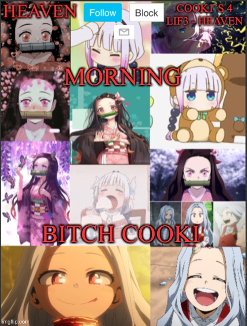 Morning | MORNING; BITCH COOKI | image tagged in heavens temp adorable | made w/ Imgflip meme maker