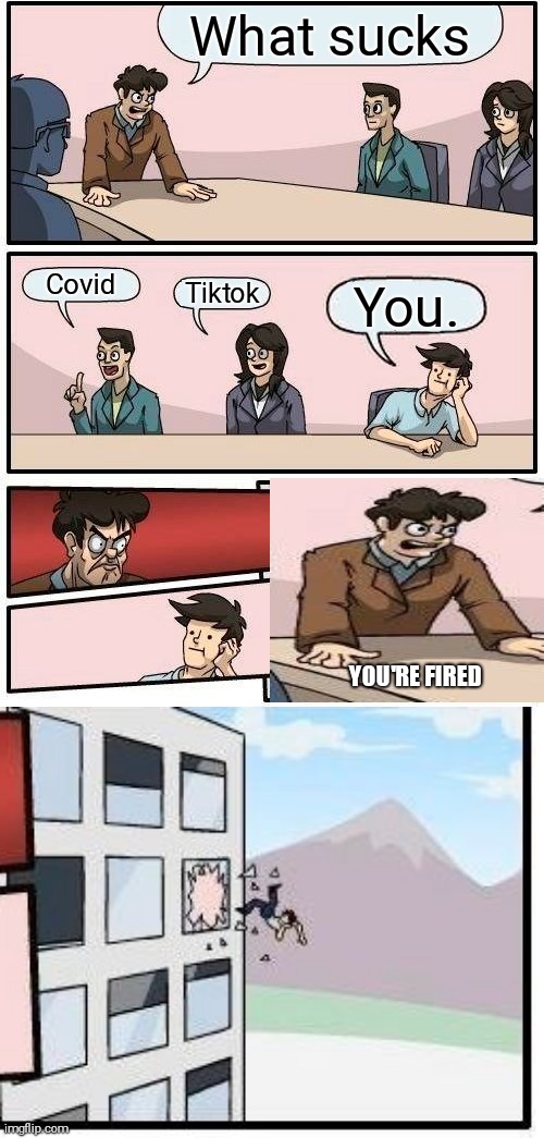 He g0t fIrEd CoZ He HAteS hIM | What sucks; Covid; Tiktok; You. YOU'RE FIRED | image tagged in memes,boardroom meeting suggestion | made w/ Imgflip meme maker