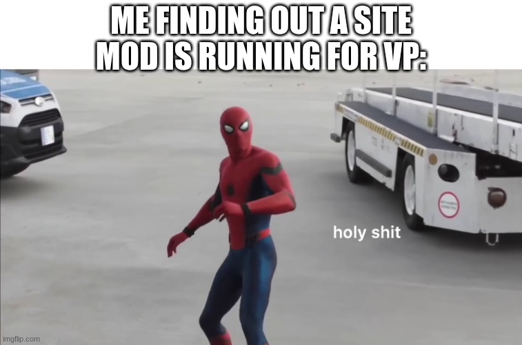 holy shit | ME FINDING OUT A SITE MOD IS RUNNING FOR VP: | image tagged in holy shit | made w/ Imgflip meme maker