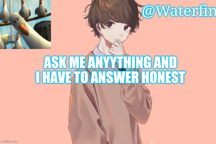 Waterfins Template | ASK ME ANYYTHING AND I HAVE TO ANSWER HONEST | image tagged in waterfins template | made w/ Imgflip meme maker