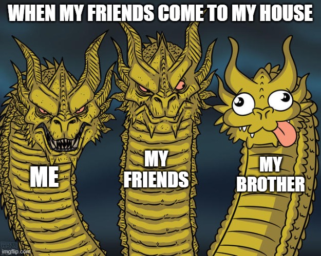 Three-headed Dragon | WHEN MY FRIENDS COME TO MY HOUSE; MY FRIENDS; MY BROTHER; ME | image tagged in three-headed dragon | made w/ Imgflip meme maker