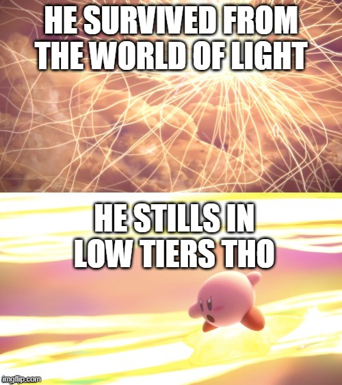 low tier | HE SURVIVED FROM THE WORLD OF LIGHT; HE STILLS IN LOW TIERS THO | image tagged in ssbu kirby,kirby,super smash bros,nintendo switch,nintendo | made w/ Imgflip meme maker