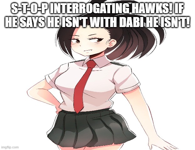 STOP IT! | S-T-O-P INTERROGATING HAWKS! IF HE SAYS HE ISN'T WITH DABI HE ISN'T! | made w/ Imgflip meme maker