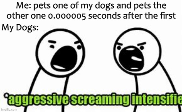 Testosterone lvls 10000 | Me: pets one of my dogs and pets the other one 0.000005 seconds after the first; My Dogs: | image tagged in aggressive screaming | made w/ Imgflip meme maker