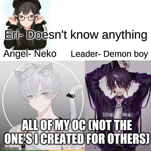 All of "my" Oc Not the one's I created for other peps | Eri- Doesn't know anything; Angel- Neko; Leader- Demon boy; ALL OF MY OC (NOT THE ONE'S I CREATED FOR OTHERS) | image tagged in roleplaying | made w/ Imgflip meme maker