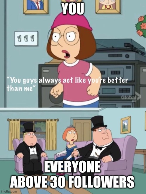 Meg family guy you always act you are better than me | YOU EVERYONE ABOVE 30 FOLLOWERS | image tagged in meg family guy you always act you are better than me | made w/ Imgflip meme maker