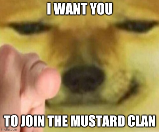 Cheems Pointing At You | I WANT YOU; TO JOIN THE MUSTARD CLAN | image tagged in cheems pointing at you | made w/ Imgflip meme maker
