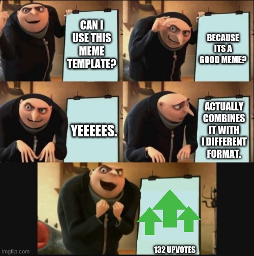 5 panel gru meme | CAN I USE THIS MEME TEMPLATE? BECAUSE ITS A GOOD MEME? ACTUALLY COMBINES IT WITH I DIFFERENT FORMAT. YEEEEES. 132 UPVOTES | image tagged in gru's plan,lol so funny,memes | made w/ Imgflip meme maker