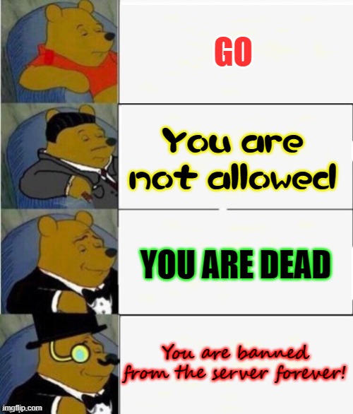 Banned | GO; You are not allowed; YOU ARE DEAD; You are banned from the server forever! | image tagged in tuxedo winnie the pooh 4 panel | made w/ Imgflip meme maker