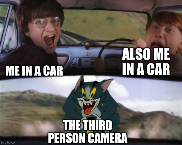 in a car game | ALSO ME IN A CAR; ME IN A CAR; THE THIRD PERSON CAMERA | image tagged in tom chasing harry and ron weasly | made w/ Imgflip meme maker