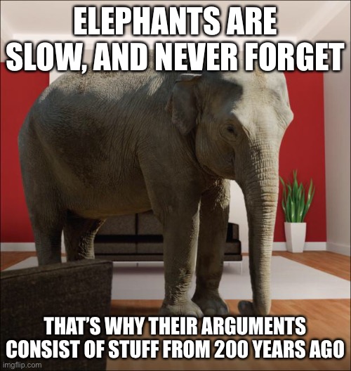 Congrats, trumpet | ELEPHANTS ARE SLOW, AND NEVER FORGET; THAT’S WHY THEIR ARGUMENTS CONSIST OF STUFF FROM 200 YEARS AGO | image tagged in elephant in the room | made w/ Imgflip meme maker
