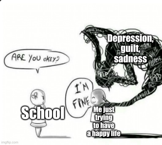 I'm fine! :'D |  Depression, guilt, sadness; Me just trying to have a happy life; School | image tagged in are you okey i'm fine | made w/ Imgflip meme maker