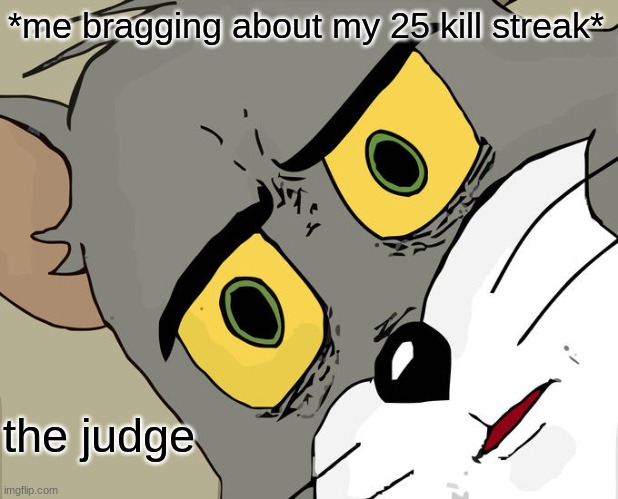 Unsettled Tom | *me bragging about my 25 kill streak*; the judge | image tagged in memes,unsettled tom | made w/ Imgflip meme maker