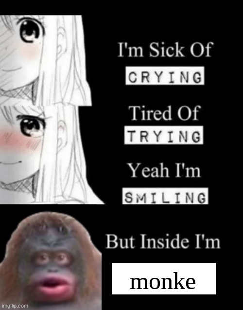 Monke |  monke | image tagged in i'm sick of crying,anime,memes,funny memes,le monke,barney will eat all of your delectable biscuits | made w/ Imgflip meme maker