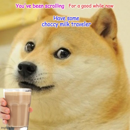 Traveler, why not stop and have some choccy milk? | For a good while now; You've been scrolling; Have some choccy milk traveler | image tagged in memes,doge | made w/ Imgflip meme maker