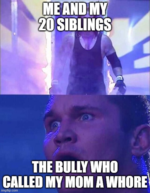 Family stand up for each other | ME AND MY 20 SIBLINGS; THE BULLY WHO CALLED MY MOM A WHORE | image tagged in randy orton undertaker | made w/ Imgflip meme maker