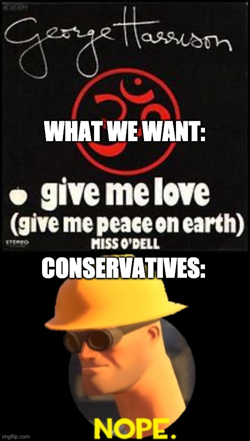 WHAT WE WANT:; CONSERVATIVES: | image tagged in tf2,george harrison,conservative logic | made w/ Imgflip meme maker