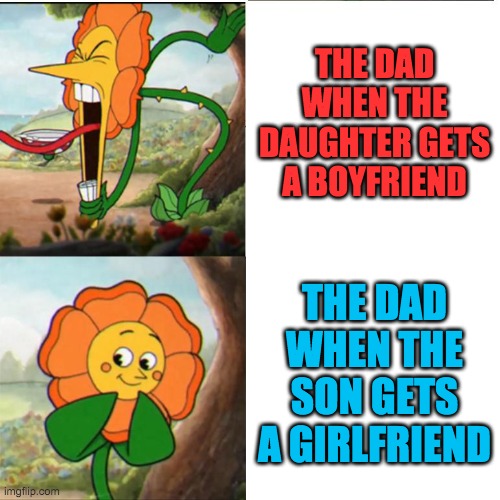 things that dont make sense to me #69 | THE DAD WHEN THE DAUGHTER GETS A BOYFRIEND; THE DAD WHEN THE SON GETS A GIRLFRIEND | image tagged in cuphead flower,dads,boyfriend,girlfriend,oh wow are you actually reading these tags | made w/ Imgflip meme maker