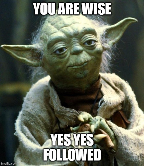 Star Wars Yoda Meme | YOU ARE WISE YES YES

FOLLOWED | image tagged in memes,star wars yoda | made w/ Imgflip meme maker