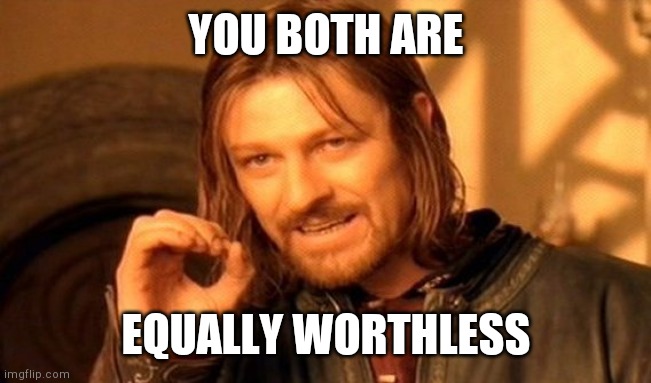 One Does Not Simply Meme | YOU BOTH ARE EQUALLY WORTHLESS | image tagged in memes,one does not simply | made w/ Imgflip meme maker