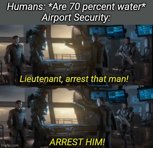 Lieutenant arrest that man two panels | Humans: *Are 70 percent water*
Airport Security: | image tagged in lieutenant arrest that man two panels | made w/ Imgflip meme maker