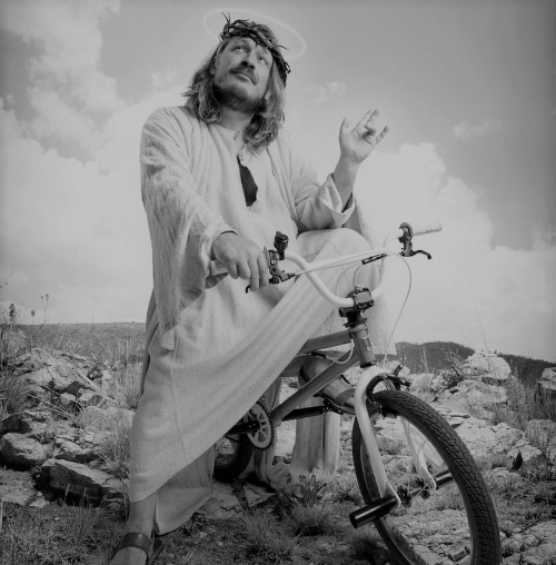Jesus bicycle black & white Blank Meme Template