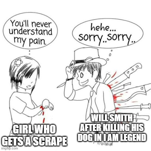 Hehe Sorry | WILL SMITH AFTER KILLING HIS DOG IN I AM LEGEND; GIRL WHO GETS A SCRAPE | image tagged in you'll never understand my pain | made w/ Imgflip meme maker