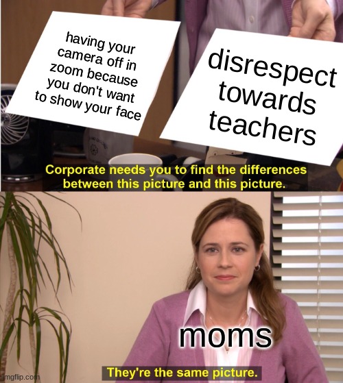 They're The Same Picture Meme | having your camera off in zoom because you don't want to show your face; disrespect towards teachers; moms | image tagged in memes,they're the same picture | made w/ Imgflip meme maker