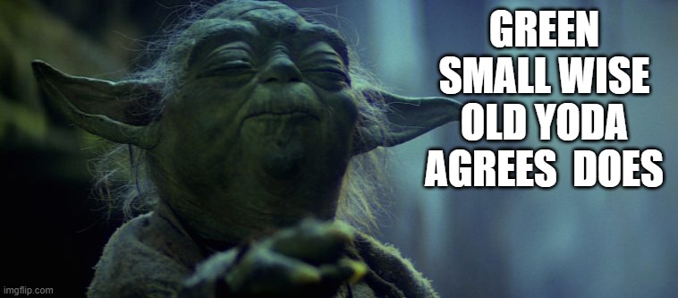 Yoda Agrees | GREEN SMALL WISE OLD YODA AGREES  DOES | image tagged in yoda,grammar,adjectives,star wars | made w/ Imgflip meme maker