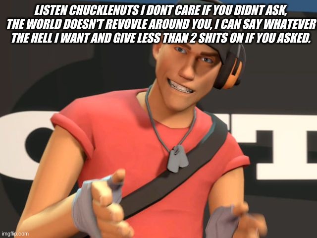 Facts from scout | LISTEN CHUCKLENUTS I DONT CARE IF YOU DIDNT ASK, THE WORLD DOESN'T REVOVLE AROUND YOU, I CAN SAY WHATEVER THE HELL I WANT AND GIVE LESS THAN 2 SHITS ON IF YOU ASKED. | image tagged in tf2,facs | made w/ Imgflip meme maker