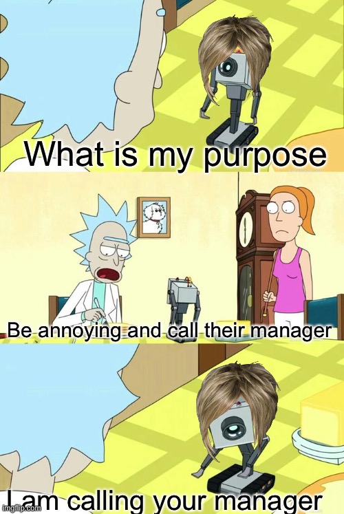What's My Purpose - Butter Robot | What is my purpose; Be annoying and call their manager; I am calling your manager | image tagged in what's my purpose - butter robot | made w/ Imgflip meme maker