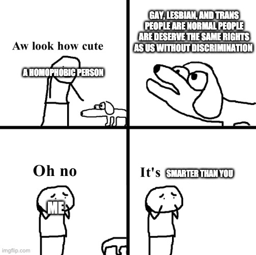 Oh no its retarted | GAY, LESBIAN, AND TRANS PEOPLE ARE NORMAL PEOPLE ARE DESERVE THE SAME RIGHTS AS US WITHOUT DISCRIMINATION; A HOMOPHOBIC PERSON; SMARTER THAN YOU; ME | image tagged in conservative logic,conservative hypocrisy | made w/ Imgflip meme maker