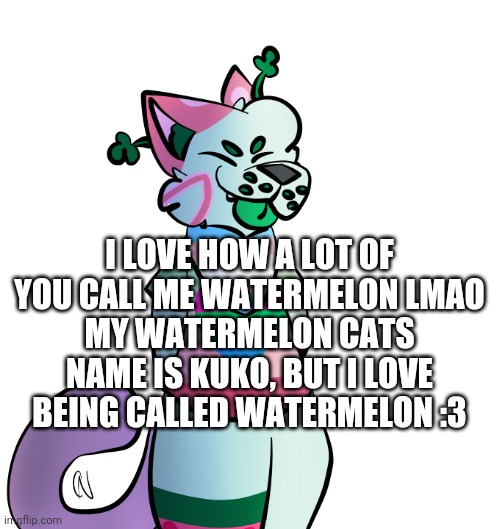 I LOVE HOW A LOT OF YOU CALL ME WATERMELON LMAO
MY WATERMELON CATS NAME IS KUKO, BUT I LOVE BEING CALLED WATERMELON :3 | made w/ Imgflip meme maker