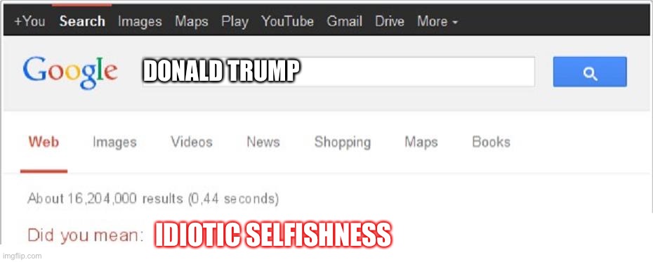 Trump | DONALD TRUMP; IDIOTIC SELFISHNESS | image tagged in did you mean | made w/ Imgflip meme maker