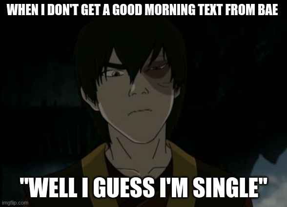 zuko | WHEN I DON'T GET A GOOD MORNING TEXT FROM BAE; "WELL I GUESS I'M SINGLE" | image tagged in zuko | made w/ Imgflip meme maker