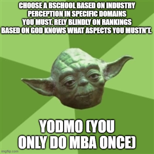 Advice Yoda Meme | CHOOSE A BSCHOOL BASED ON INDUSTRY PERCEPTION IN SPECIFIC DOMAINS YOU MUST. RELY BLINDLY ON RANKINGS BASED ON GOD KNOWS WHAT ASPECTS YOU MUSTN'T. YODMO (YOU ONLY DO MBA ONCE) | image tagged in memes,advice yoda | made w/ Imgflip meme maker
