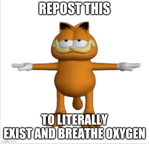 E | REPOST THIS; TO LITERALLY EXIST AND BREATHE OXYGEN | image tagged in garfield t-pose | made w/ Imgflip meme maker