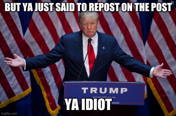 Donald Trump | BUT YA JUST SAID TO REPOST ON THE POST YA IDIOT | image tagged in donald trump | made w/ Imgflip meme maker