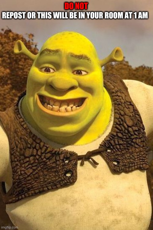 I feel like reposting but no | REPOST OR THIS WILL BE IN YOUR ROOM AT 1 AM; DO NOT | image tagged in smiling shrek | made w/ Imgflip meme maker