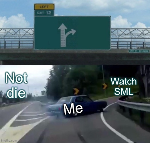 Left Exit 12 Off Ramp Meme | Not die; Watch SML; Me | image tagged in memes,left exit 12 off ramp | made w/ Imgflip meme maker
