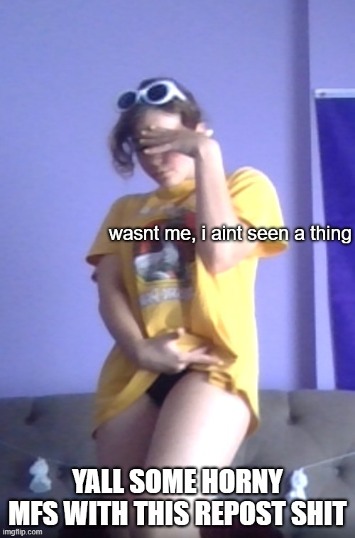 YALL SOME HORNY MFS WITH THIS REPOST SHIT | image tagged in aint seen a thing | made w/ Imgflip meme maker