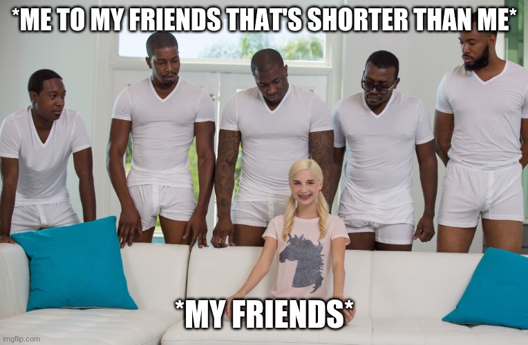 shorties | *ME TO MY FRIENDS THAT'S SHORTER THAN ME*; *MY FRIENDS* | image tagged in gang bang | made w/ Imgflip meme maker