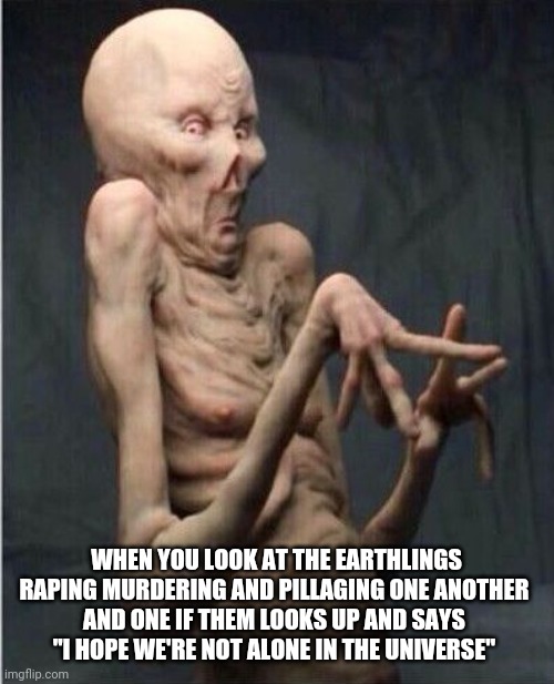 Earthlings Make me Cringe | WHEN YOU LOOK AT THE EARTHLINGS RAPING MURDERING AND PILLAGING ONE ANOTHER 
AND ONE IF THEM LOOKS UP AND SAYS 
"I HOPE WE'RE NOT ALONE IN THE UNIVERSE" | image tagged in grossed out alien,blm,kkk,nazis,why aliens won't talk to us,cringe | made w/ Imgflip meme maker