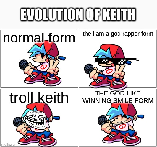 KEITH BE LIKE | EVOLUTION OF KEITH; normal form; the i am a god rapper form; troll keith; THE GOD LIKE WINNING SMILE FORM | image tagged in memes,blank comic panel 2x2,friday night funkin | made w/ Imgflip meme maker