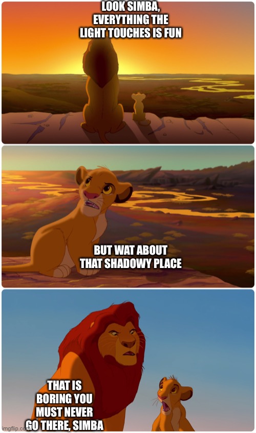 Lion King Meme | LOOK SIMBA, EVERYTHING THE LIGHT TOUCHES IS FUN; BUT WAT ABOUT THAT SHADOWY PLACE; THAT IS BORING YOU MUST NEVER GO THERE, SIMBA | image tagged in lion king meme | made w/ Imgflip meme maker