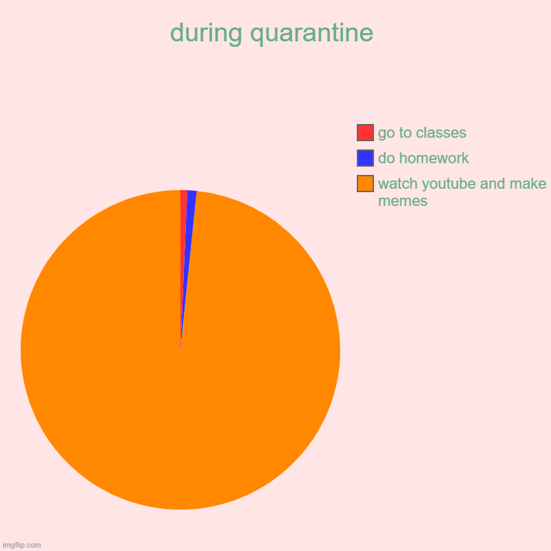 truth about me during quarantine | during quarantine | watch youtube and make memes, do homework, go to classes | image tagged in charts,pie charts | made w/ Imgflip chart maker