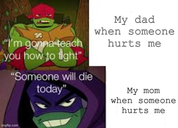 Parenting :D | My dad when someone hurts me; My mom when someone hurts me | image tagged in parenting,teenage mutant ninja turtles,fighting | made w/ Imgflip meme maker