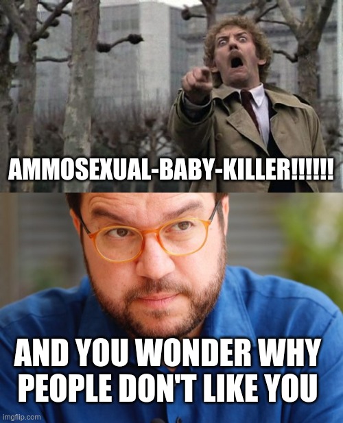 AMMOSEXUAL-BABY-KILLER!!!!!! AND YOU WONDER WHY PEOPLE DON'T LIKE YOU | image tagged in invasion of the body snatchers,pere aragon s orly | made w/ Imgflip meme maker