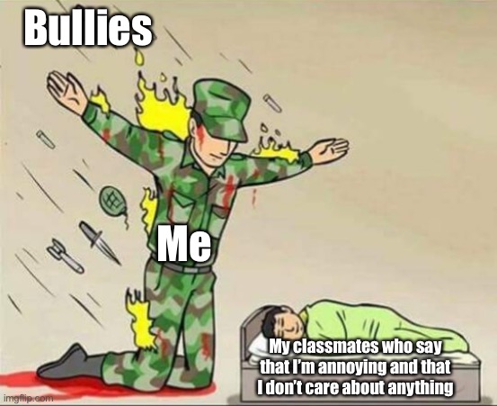 It’s true..... | Bullies; Me; My classmates who say that I’m annoying and that I don’t care about anything | image tagged in soldier protecting sleeping child,bullies,they are wrong | made w/ Imgflip meme maker