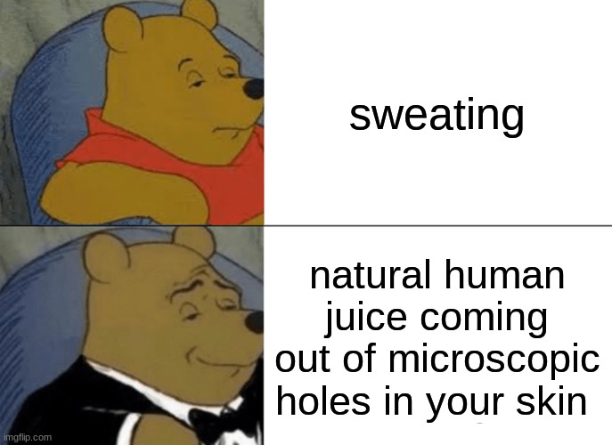 Sweat is actually water | sweating; natural human juice coming out of microscopic holes in your skin | image tagged in memes,tuxedo winnie the pooh | made w/ Imgflip meme maker